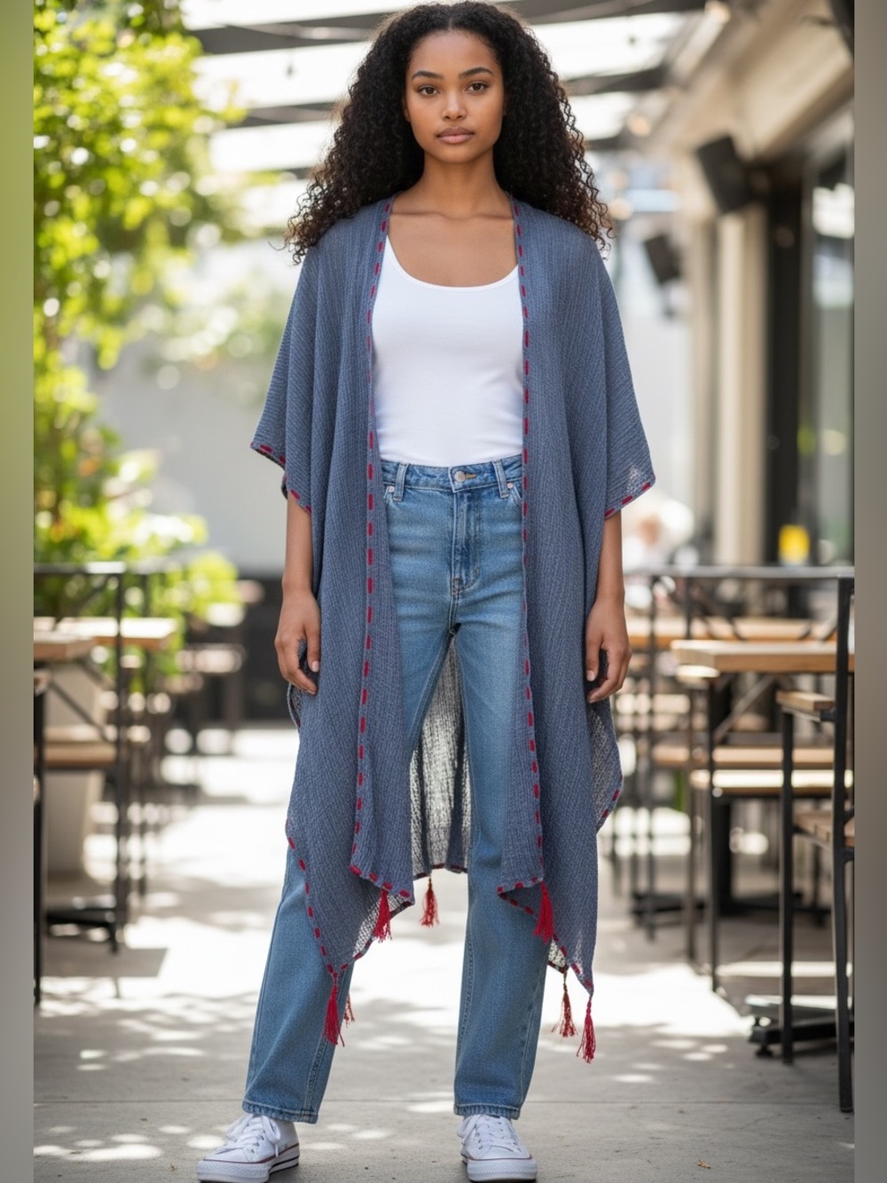 Pretty Persuasions Slate Blue Knit Wrap Kimono with Red Tassel Trim